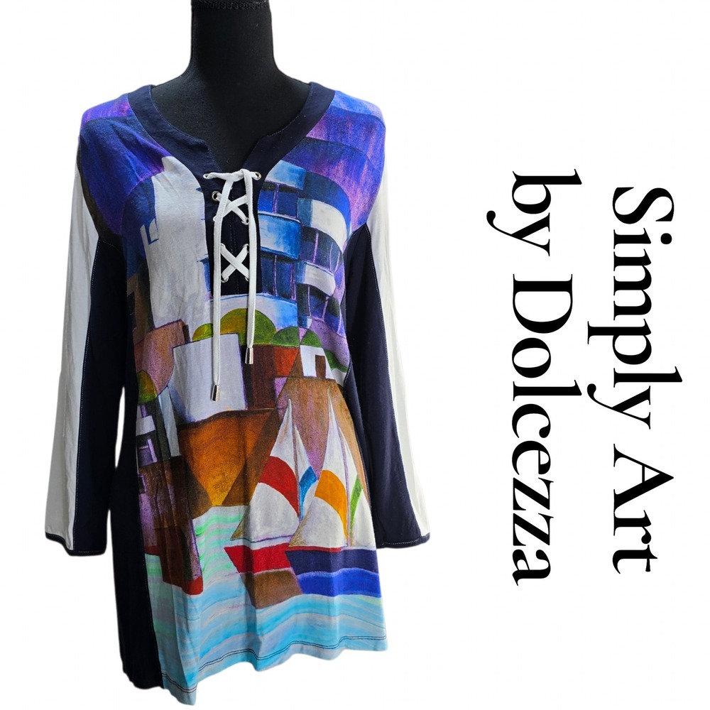 Simply Art by Dolcezza Top Womens L Blue Viscose Nautical Sailboat Lace Up Tunic